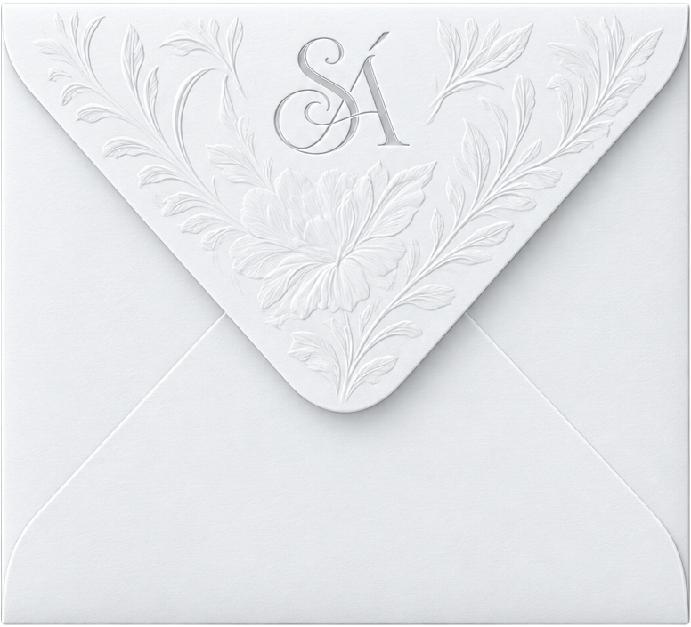 Sobre floral con el monograma de Seyllyn y Álvaro grabado en el papel