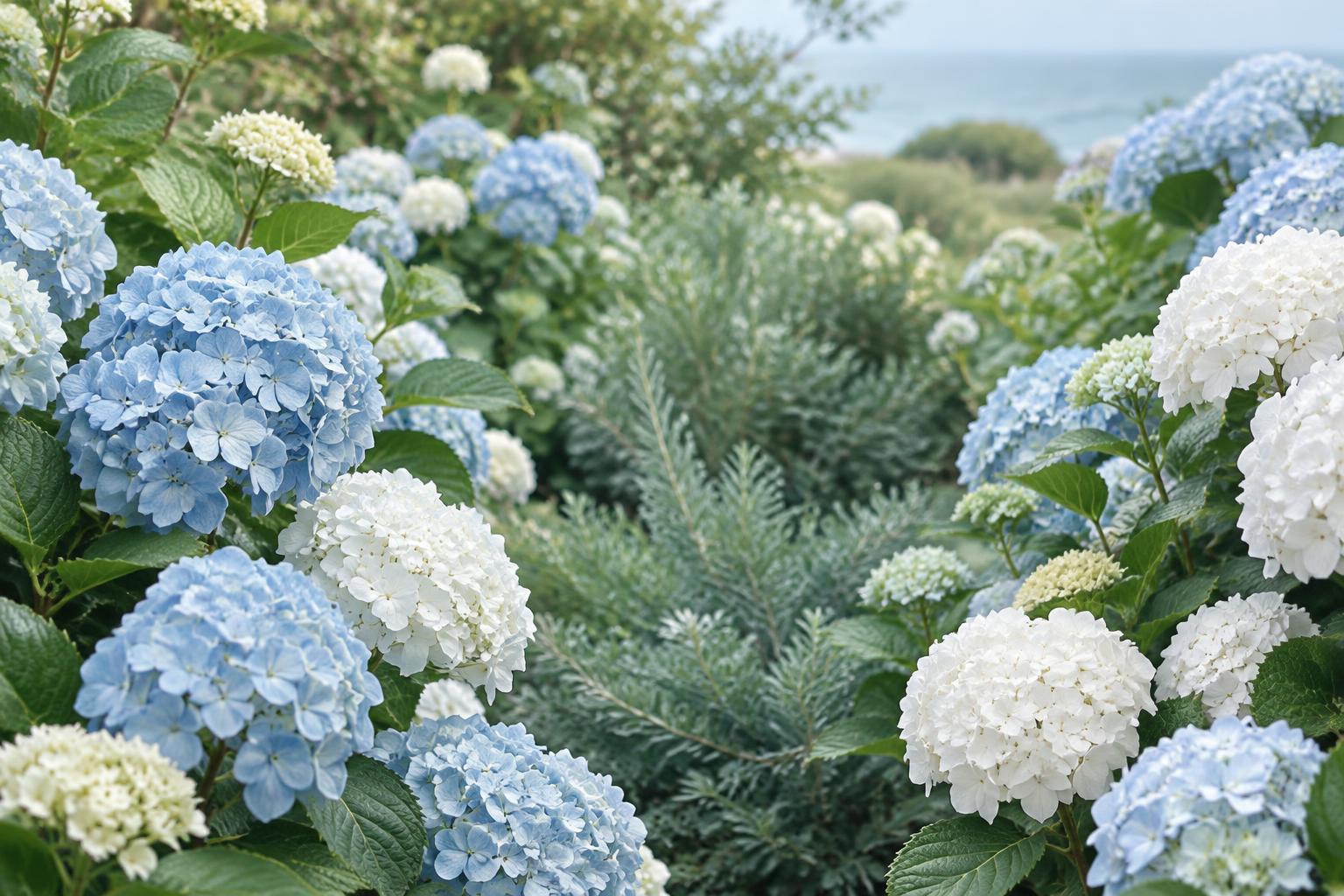 Hortensias azules y blancas en un jardín